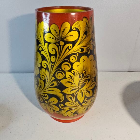 Vintage USSR Lacquer KHOKHLOMA Russian Wooden Hand painted Bowls & Vase Lot of 3 - Picture 15 of 16